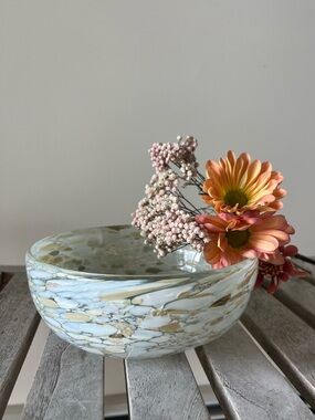 Hand Blown Art Glass Bowl White Confetti Splatter | Murano Style Decorative Dish